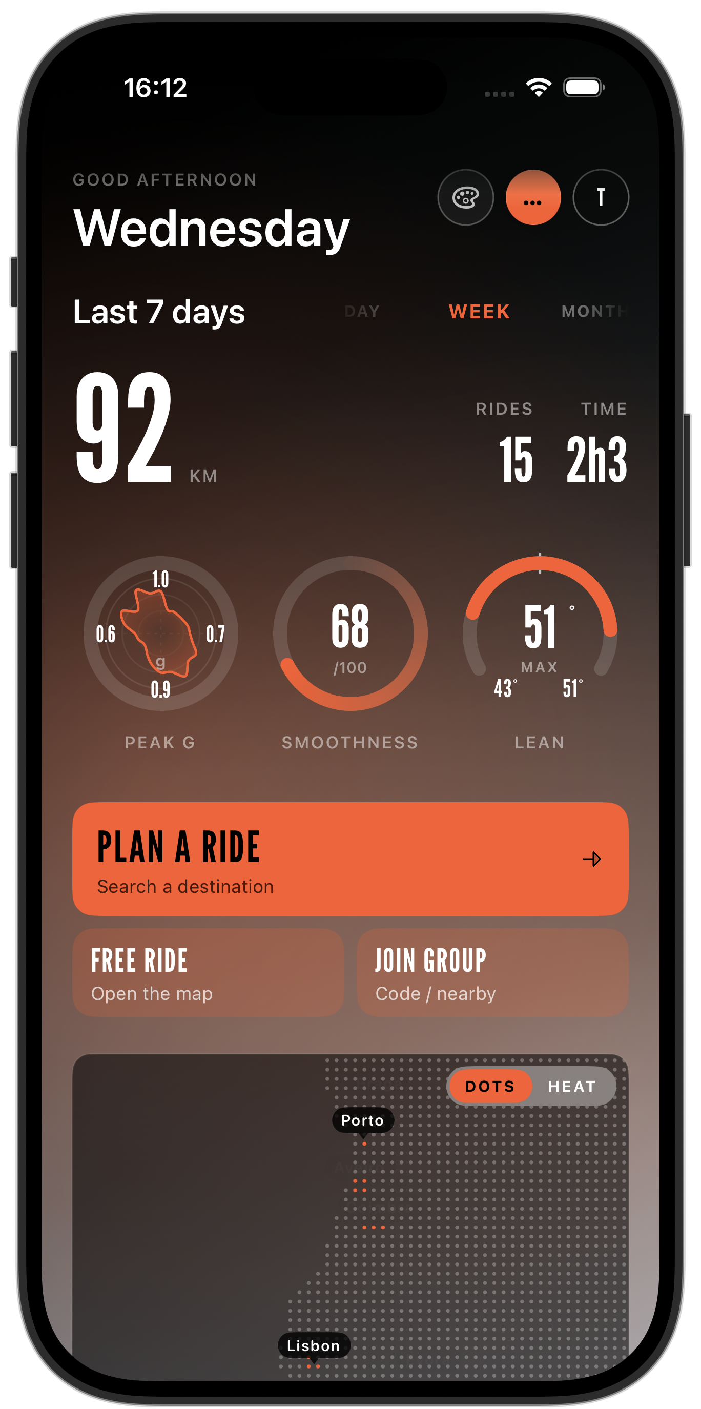 Carvo dashboard showing weekly ride distance, ride dynamics, route planning, group ride actions, and a dotted map